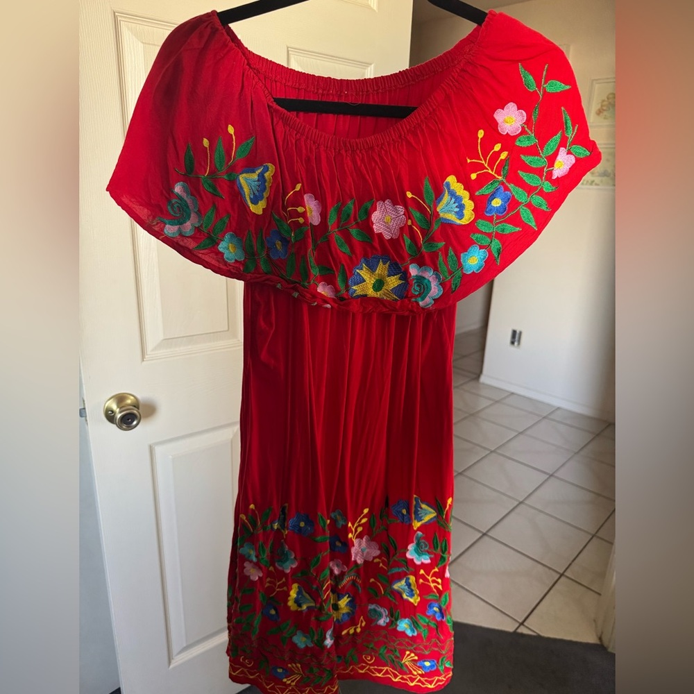 Mexican Red Floral Embroidered Dress